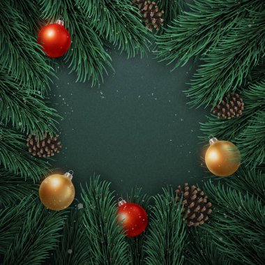 Mutlu Noel kompozisyonu 3D gerçekçi çam ağacı dalları koni ve kırmızı altından süsleme topu