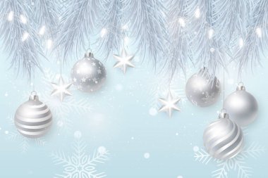 Mutlu noel kompozisyonu 3D gerçekçi çam ağacı gümüş süsleme ve zincir ışığı dalları