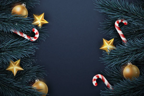 Joyeux Noël Composition Réaliste Sapin Branches Bonbons Canne Décoration Dorée — Photo