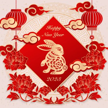 2023 Mutlu Çin yeni yılı kırmızı tavşan şakayık çiçeği fener bulutu ve bahar kuklası