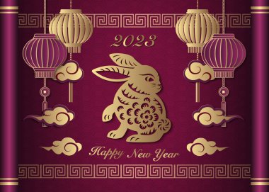 2023 Mutlu Çin yeni yılı tavşanı, mor kabartma fener bulutu ve klasik makara üzerindeki kafes çerçevesi.