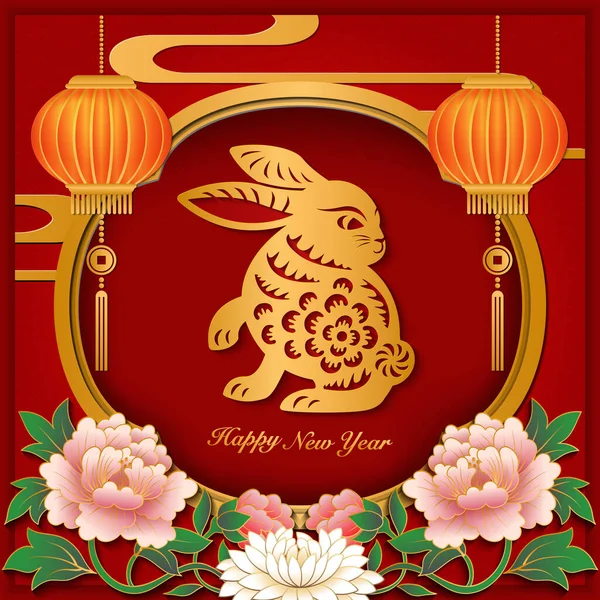 农历新年快乐兔剪纸艺术浮雕牡丹花灯窗框 — 图库矢量图片