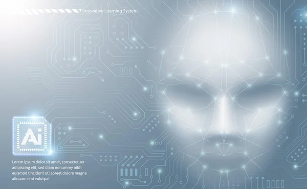 Ai技術の概念未来的なスタイルで抽象的な回路基板の背景を持つ人工人間の顔 — ストックベクタ
