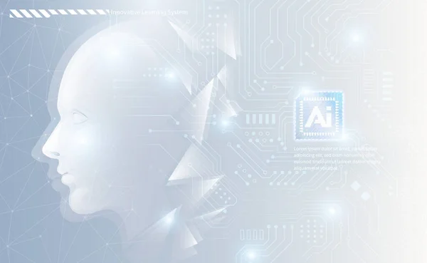 Ai技術の概念人工抽象人間側の顔チップ回路基板の背景を未来的なスタイルで — ストックベクタ
