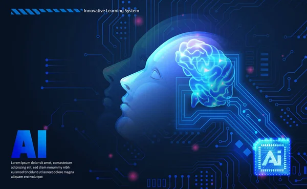 Ai技術の概念人工抽象人間側の顔とチップ回路基板と輝く脳エレガントな青トーンの背景 — ストックベクタ