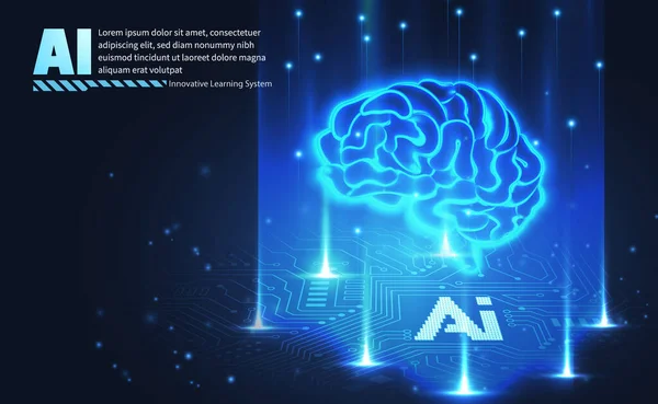 Ai技術概念チップセットの抽象的な光沢のあるグラデーション脳で未来的なスタイルの紫の青トーン回路基板の背景 — ストックベクタ
