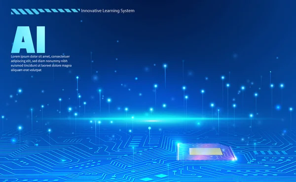 具有未来主义风格的渐变蓝色发光点背景的电路板上Ai技术概念芯片组 — 图库矢量图片