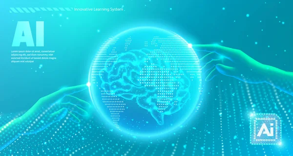 Ai技術の概念世界的な地球脳の手と波ドットライン未来的なスタイルエレガントなターコイズブルーのトーン — ストックベクタ