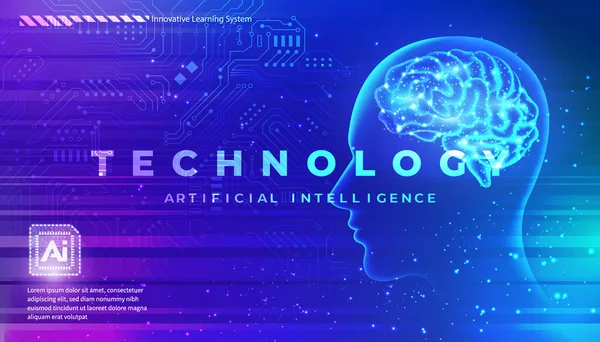 Ai技術の概念人工抽象人間側の顔とチップ回路基板と輝く脳エレガントな紫色のピンクブルートーンの背景 — ストックベクタ