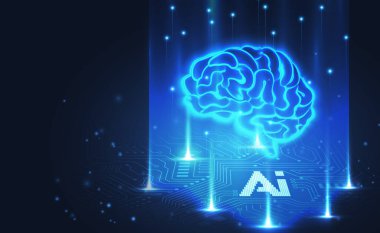 Yapay zeka teknolojisi kavramı soyut parlak gradyan beyin üzerinde fütürist stil mor ton devre kartı arka planında yonga.