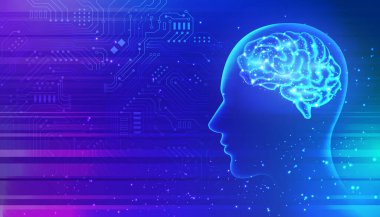 Yapay zeka teknolojisi konsepti yapay insan yüzü ve parlak beyniyle zarif mor mavi ton arka planı.