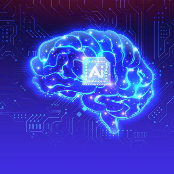 Ai技術概念チップセットの抽象的な光沢のあるグラデーション脳で未来的なスタイルの紫の青トーン回路基板の背景 — ストック写真
