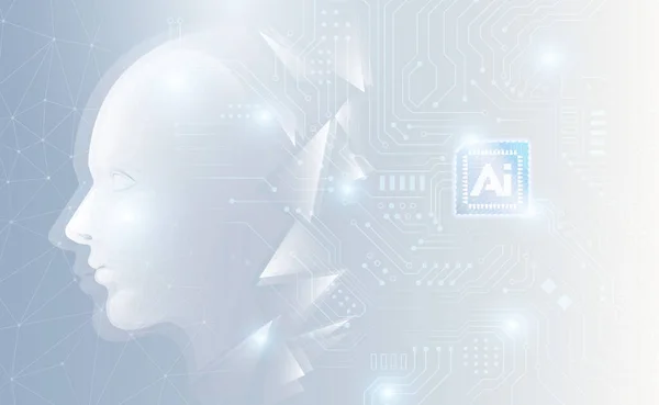 Ai技術の概念人工抽象人間側の顔チップ回路基板の背景を未来的なスタイルで — ストック写真