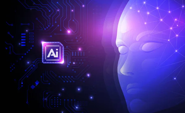Ai技術の概念人工抽象人間の顔と未来的なスタイルのエレガントな紫色のピンクのグラデーションの背景とチップ回路基板 — ストック写真