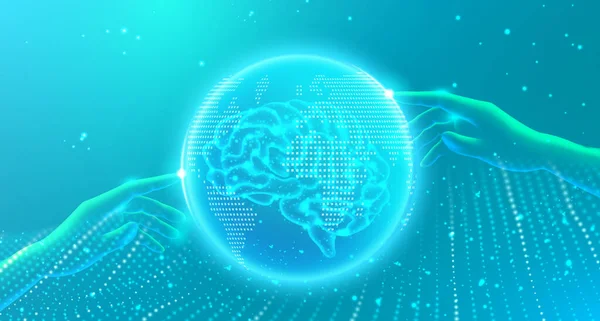 Ai技術の概念世界的な地球脳の手と波ドットライン未来的なスタイルエレガントなターコイズブルーのトーン — ストック写真