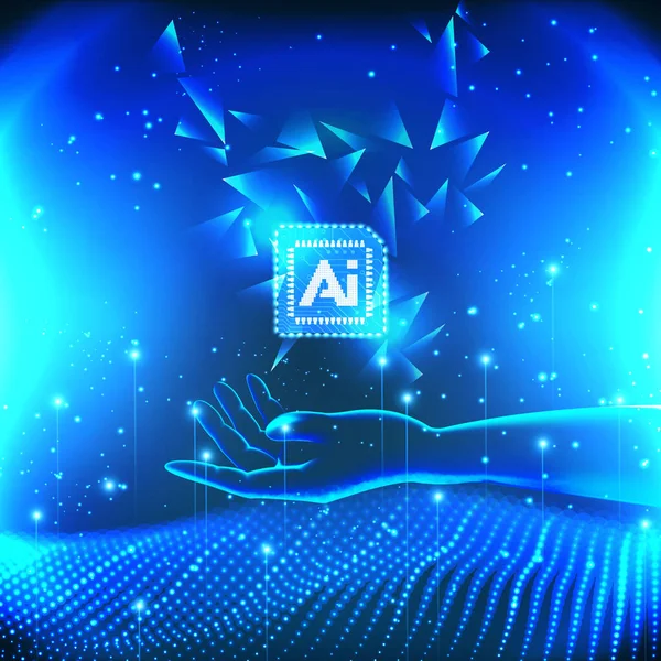 Ai技術のコンセプト透明手保持脳と波ドットライン露出背景に未来的なスタイルエレガントな青のトーン — ストック写真