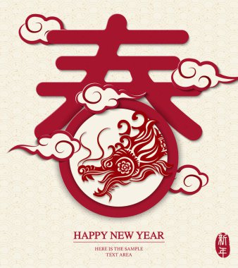 Çin metin tasarımı sanatıyla Çin ejderhalarının yeni yılı kutlu olsun. Çince çeviri: Bahar ve Yeni Yıl