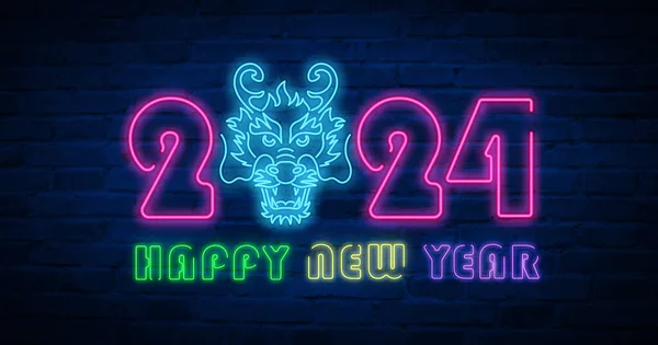 Happy Chinese New Year Dragon Colorful Neon Light Effect Outline — Stock Vector