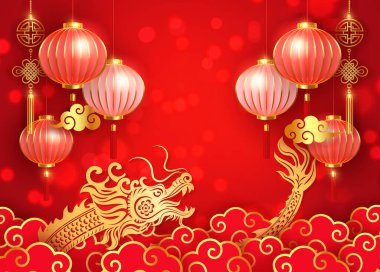 Altın kırmızı yardım ejderhası geleneksel fener ve spiral dalga bulutu