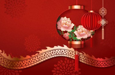 Altın kağıt kabartma Çin ejderhası ve pembe şakayık çiçeği