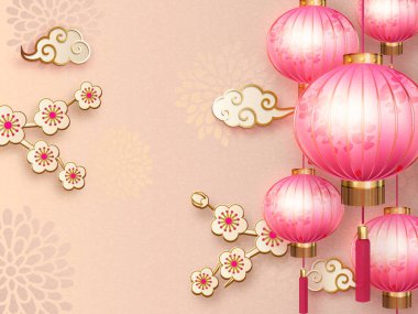 Çin geleneksel pembe fener rahatlama sarmal bulut erik çiçeği