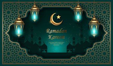 Altın izli İslami fener ve İslam Camii 'nin yıldızlı gece sahnesi. Ramazan için uygun, Raya Hari, Kurban Bayramı