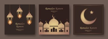 İslami kağıt arkaplan koleksiyonu, fener cami binası ve hilal yıldızı. Ramazan için uygun, Raya Hari, Kurban Bayramı