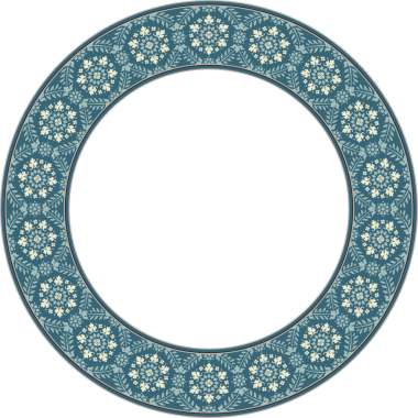 Klasik desenli yuvarlak çerçeve retro mavi botanik bahçesi çiçek yaprağı