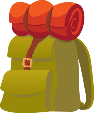 Kamp yapmak için yeşil sırt çantası ve uyku tulumu