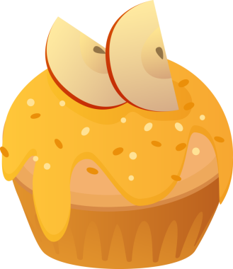 Çizgi filmdeki izole edilmiş nesnelerin üzerinde elma dilimleri olan tatlı çörekleri.