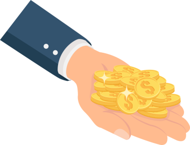 Çizgi film nesnesi zengin zengin para yığını altın para tutuyor.