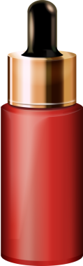 3D kozmetik esansı. Kırmızı şişe. Parlak altın parıltılı süslemeli sıvı damlası.