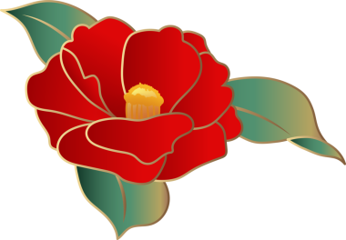 Zarif kırmızı kamelya ve altın çizgili yeşil yaprak.