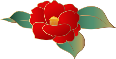 Zarif kırmızı kamelya ve altın çizgili yeşil yaprak.