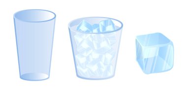 Boş bir bardak, buz küpleriyle dolu bir bardak ve tek bir buz küpünü gösteren çizimler.