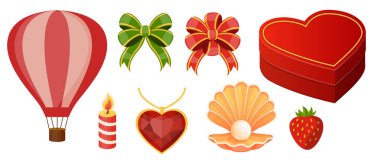 Romantik Simgeler Koleksiyonu: Sıcak Hava Balonu, Kalp Şekli Kutu, Dekoratif Yaylar, Mum, Kalp Kolyesi, İnci Kabuk ve Çilek