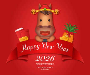 Çin yeni yılı, şirin at kurdelesi şablonu ve ananaslı altın külçeli kırmızı zarf.