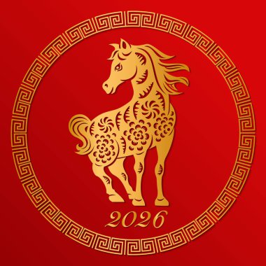 Mutlu Çin Yeni Yılı Altın At Kağıdı Sanatı ve spiral çerçeveyi kesti