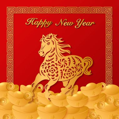 Mutlu Çin Yeni Yıl Altın At Kağıdı Sanat ve Ingot sarmal çerçeve kesti