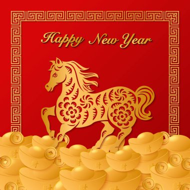 Mutlu Çin Yeni Yıl Altın At Kağıdı Sanat ve Ingot sarmal çerçeve kesti