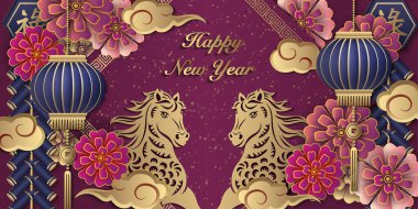 Mutlu Çin Yeni Yılı at Mor Rahatlama Çiçeği Fener Bulutu ve Havai fişekleri