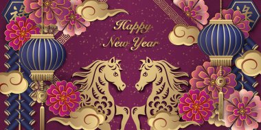 Mutlu Çin Yeni Yılı at Mor Rahatlama Çiçeği Fener Bulutu ve Havai fişekleri