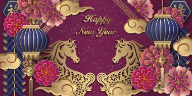 Mutlu Çin Yeni Yılı at Mor Rahatlama Çiçeği Fener Bulutu ve Havai fişekleri