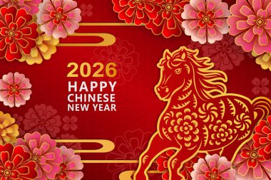 Altın yardım atı ve şakayık çiçek eğrisiyle dolu mutlu bir Çin yılı.