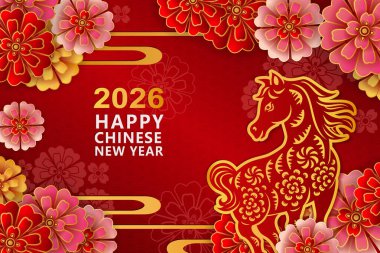 Altın yardım atı ve şakayık çiçek eğrisiyle dolu mutlu bir Çin yılı.