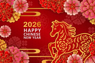 Altın yardım atı ve şakayık çiçek eğrisiyle dolu mutlu bir Çin yılı.