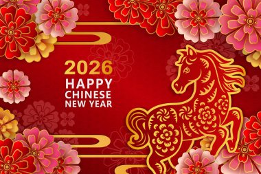 Altın yardım atı ve şakayık çiçek eğrisiyle dolu mutlu bir Çin yılı.