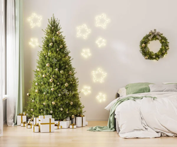 Christmas three with ornaments, festive lights and white and golden gift boxes in room interior near bed, christmas wreath, 3d rendering