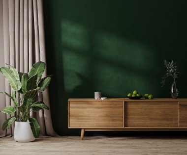 Modern oda içinde güneş ışığı olan yeşil duvar, dekorlu ahşap şifonyer, çömlek ve perdede yeşil bitki, 3D görüntüleme