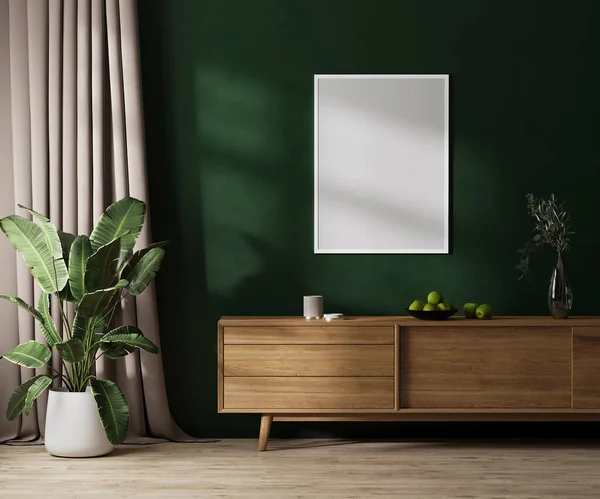 Quadro Cartaz Branco Simular Parede Verde Com Luz Solar Interior — Fotografia de Stock
